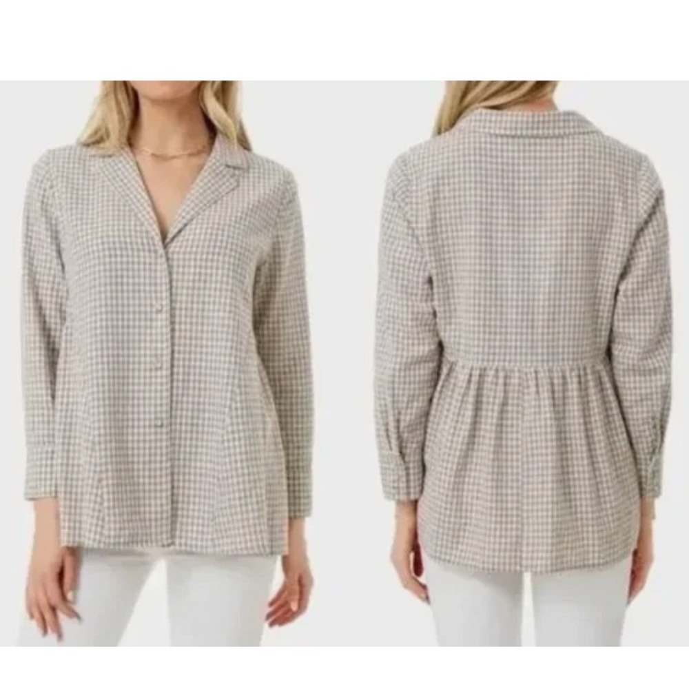 Pomander Place Gingham‎ Check Button Up Top Linen Cotton Lagenlook Brown Large